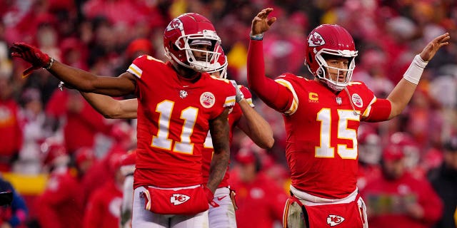 Patrick Mahomes (15) of the Kansas City Chiefs returns at the start of the third quarter of an AFC divisional playoff against the Jacksonville Jaguars at Arrowhead Stadium Jan. 21, 2023, in Kansas City, Mo.