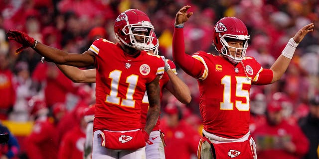 Patrick Mahomes (15) of the Kansas City Chiefs returns at the start of the third quarter of an AFC divisional playoff against the Jacksonville Jaguars at Arrowhead Stadium on January 21, 2023 in Kansas City, Missouri.