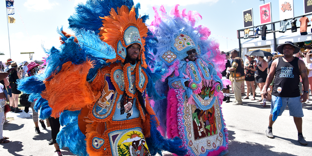 Mardi Gras Indians during the 2022 New Orleans Jazz &amp; Heritage festival at Fair Grounds Race Course on May 1, 2022 in New Orleans, Louisiana.