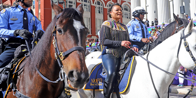 New Orleans Mayor LaToya Cantrell arrived by horseback at the reviewing stand at Gallier Hall in 2022.