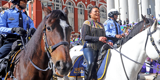New Orleans Mayor LaToya Cantrell arrives by horseback at the reviewing stand at Gallier Hall as the 1,500 riders of the Krewe of Zulu roll down St. Charles Avenue on Mardi Gras Day with their 44-float parade entitled Zulu Salutes Divas and Legends on March 1, 2022, in New Orleans, Louisiana.