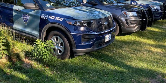 Massachusetts State Police vehicles parked outside a building.