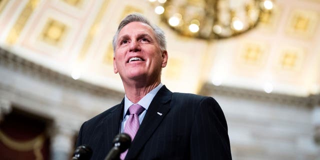 JANUARY 12: Speaker of the House Kevin McCarthy, R-Calif., conducts a news conference in the U.S. Capitols Statuary Hall on Thursday, January 12, 2023. (Tom Williams/CQ-Roll Call, Inc via Getty Images)