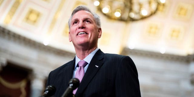 House Speaker Kevin McCarthy, R-Calif., leads a news conference in the statue room of the United States Capitol.