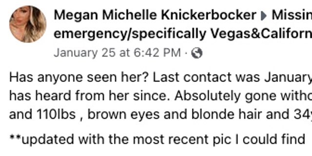 Megan Knickerbocker, Lindsey's sister, shared on Facebook that she was missing and is asking for any details of her whereabouts.