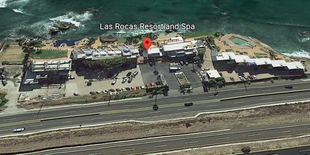A Google Earth image shows Las Rocas Resort and Spa in Rosarito Beach, Mexico, which is approximately 20 minutes south of Tijuana.