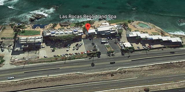 A Google Earth image shows Las Rocas Resort and Spa in Rosarito Beach, Mexico, which is approximately 20 minutes south of Tijuana.