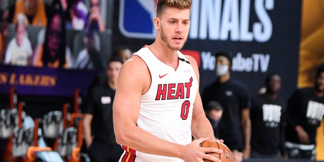 Meyers Leonard, #0 of the Miami Heat, handles the ball during the game against the Los Angeles Lakers during Game Two of the NBA Finals on Oct. 2, 2020 at The AdventHealth Arena at ESPN Wide World Of Sports Complex in Orlando, Florida.