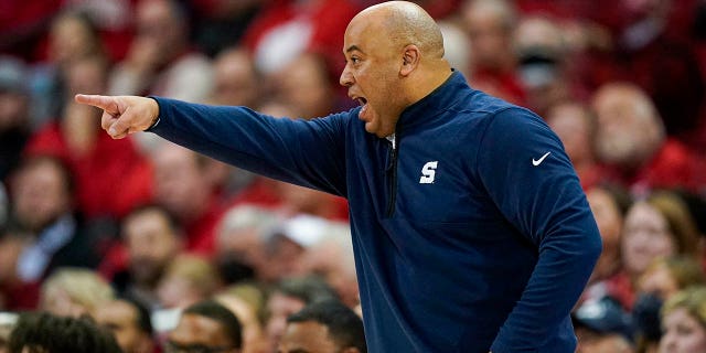 Penn State coach Micah Shrewsberry yells to his team during the second half of a game against Wisconsin Jan. 17, 2023, in Madison, Wis.