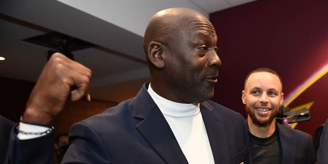 NBA Legends Michael Jordan and Steph Curry during the 71st NBA All-Star Game as part of the 2022 NBA All-Star Weekend Feb. 19, 2022, at Rocket Mortgage FieldHouse in Cleveland.