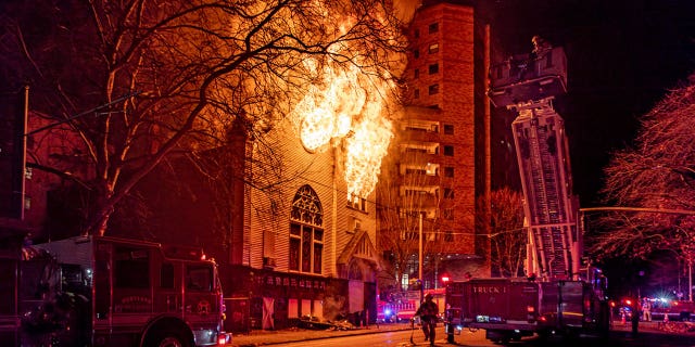Flames pierce through Old Portland Korean Church.