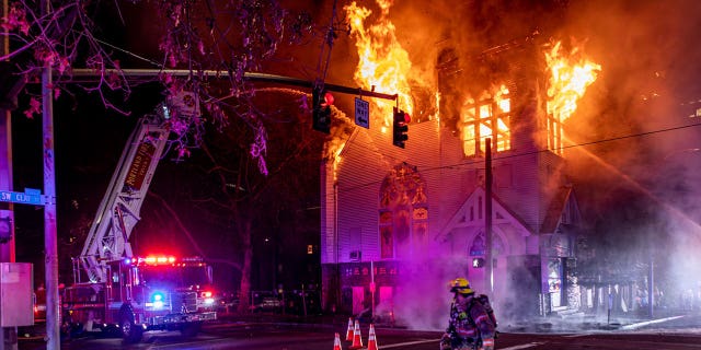 Old Portland Korean Church seen in flames.