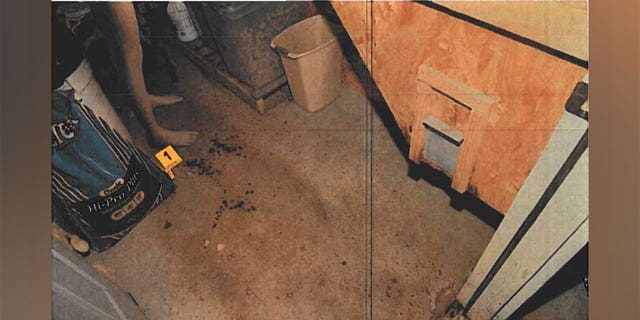 <strong>A crime scene photo showing what appears to be blood droplets on the floor, a mannequin and an evidence marker in the feed room where Paul Murdaugh was fatally shot.</strong>