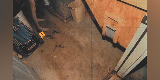 <strong>A crime scene photo showing what appears to be blood droplets on the floor, a mannequin and an evidence marker in the feed room where Paul Murdaugh was fatally shot.</strong>