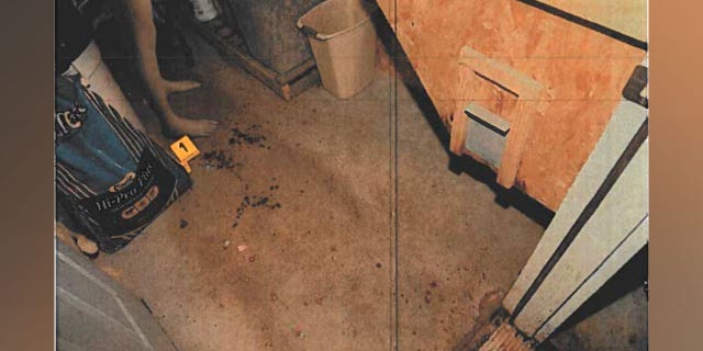 Alex Murdaugh crime scene photo showing a dummy near where Paul Murdaugh was shot. Droplets of blood and a yellow evidence marker can be seen on the floor of the feedroom.