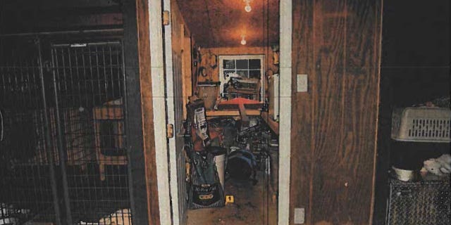 An evidence photo showing the feedroom where Paul Murdaugh was fatally shot, June 7, 2021. Witnesses at his father Alex Murdaugh's murder trial, described the blood and brain matter that splattered on the walls and door.