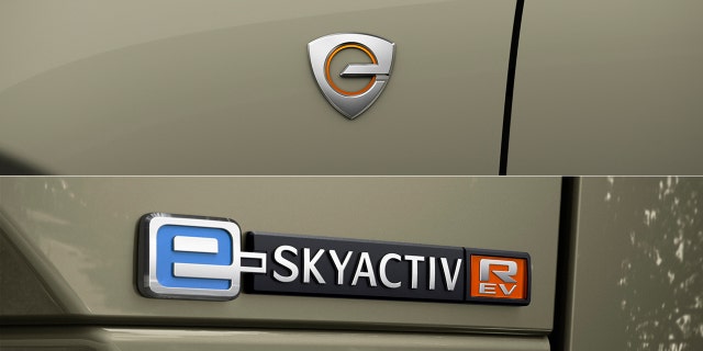 The MX-30 R-EV's logo is an "e" shaped like a rotor.