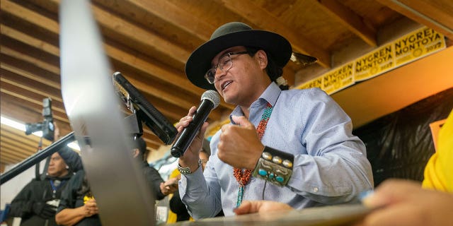 Buu Nygren announces his win for the Navajo Nation presidency at his campaign's watch party in Window Rock, Arizona, on Nov. 8, 2022.Â