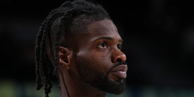 Nerlens Noel of the Detroit Pistons warms up before a game against the Denver Nuggets Nov. 22, 2022, at the Ball Arena in Denver, Colo.