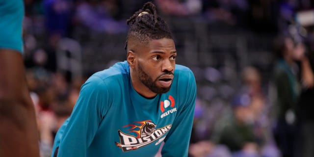 Nerlens Noel of the Detroit Pistons warms up before a game against the Utah Jazz Dec. 20, 2022, at Little Caesars Arena in Detroit.