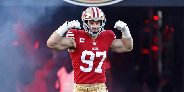 Nick Bosa of the San Francisco 49ers reacts as he takes the field prior to an NFL divisional round playoff football against the Dallas Cowboys at Levi's Stadium Jan. 22, 2023, in Santa Clara, Calif.