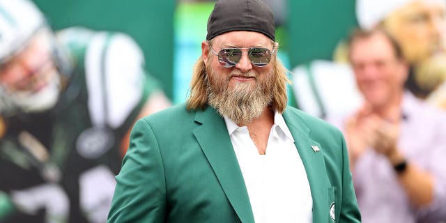 Former New York Jets player Nick Mangold is inducted into the Jets Ring of Honor at MetLife Stadium on Sept. 25, 2022, in East Rutherford, New Jersey.