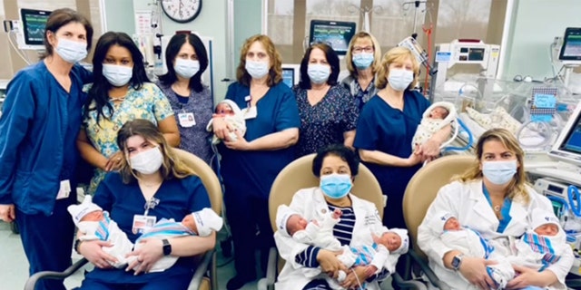 Top, left to right: Maureen O’Connell, RN; Rochelle Duponte, unit secretary; Valerie Russo, RN; Marion Weber, RN; Lisa Pino, RN and assistant nurse manager in NICU; Karen McKenna, RN; Jane Rizzacassa, RN. Sitting, left to right: Jessica Schulman, RN; Dr. Swarna Devarajan; Dr. Jordana Hannam.