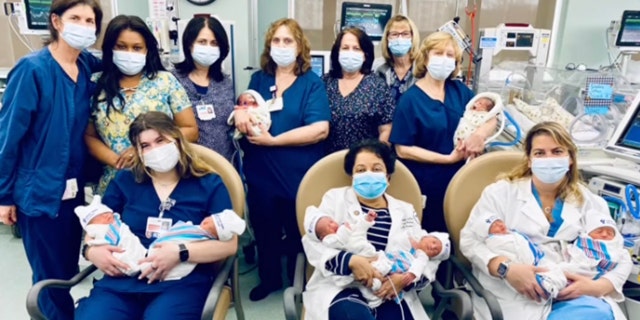 Top, left to right: Maureen O’Connell, RN; Rochelle Duponte, unit secretary; Valerie Russo, RN; Marion Weber, RN; Lisa Pino, RN and assistant nurse manager in NICU; Karen McKenna, RN; Jane Rizzacassa, RN. Sitting, left to right: Jessica Schulman, RN; Dr. Swarna Devarajan; Dr. Jordana Hannam.
