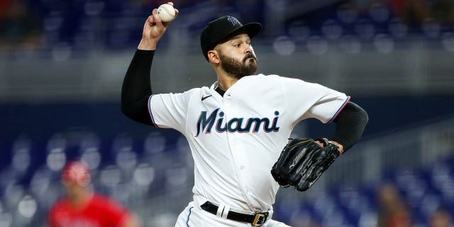 Pablo Lopez, #49 of the Miami Marlins, delivers a pitch during the first inning against the Philadelphia Phillies at loanDepot park on September 15, 2022, in Miami, Florida.