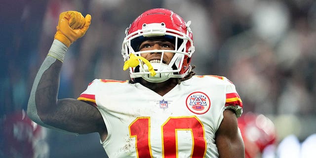 Isiah Pacheco of the Kansas City Chiefs celebrates after running for a touchdown against the Los Vegas Raiders during the fourth quarter of a game at Allegiant Stadium on January 7, 2023 in Las Vegas. 