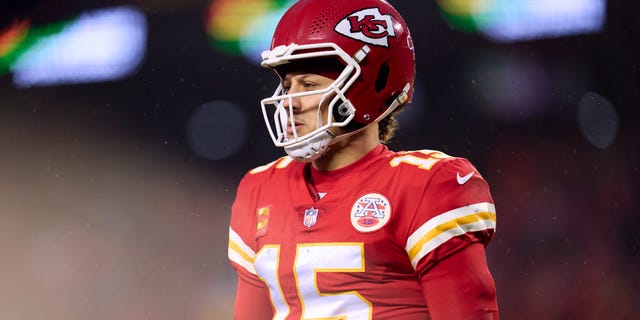 Chiefs' Patrick Mahomes looks to the sideline during a Jacksonville Jaguars game at Arrowhead Stadium on January 21, 2023.