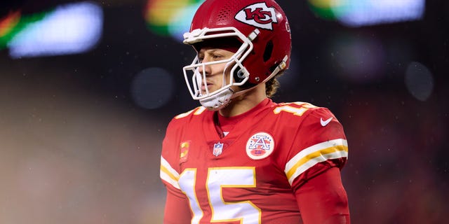 Chiefs' Patrick Mahomes looks to the sideline during a Jacksonville Jaguars game at Arrowhead Stadium on January 21, 2023.