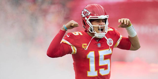 Patrick Mahomes of the Kansas City Chiefs celebrates before playing against the Jacksonville Jaguars.