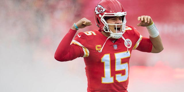 Patrick Mahomes of the Kansas City Chiefs celebrates before playing the Jacksonville Jaguars.