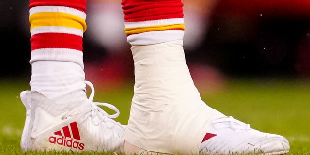 The bandaged right ankle of Chiefs' Patrick Mahomes during the Jacksonville Jaguars playoff game on January 21, 2023 in Kansas City.