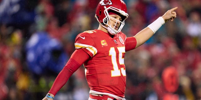 Patrick Mahomes of the Kansas City Chiefs reacts after a play against the Jacksonville Jaguars at Arrowhead Stadium on Jan. 21, 2023.