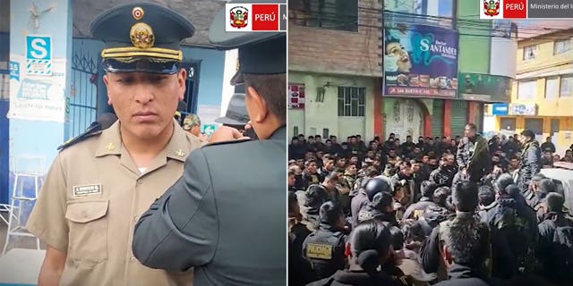 De nationale politie van Peru hield een gedenkteken voor de gedode agent José Luis Soncco Quispe, die tijdens gewelddadige protesten werd verbrand in zijn patrouillewagen.