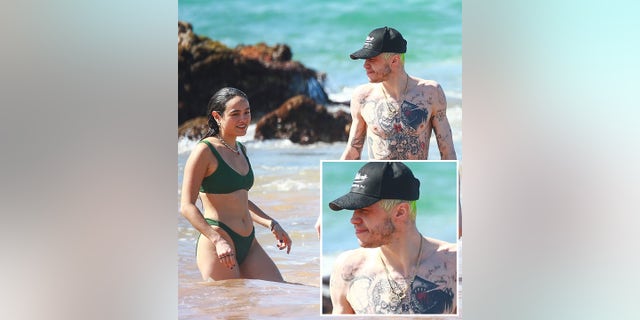 Upon closer examination of Pete Davidson's neckline, the "My Girl Is A Lawyer" tattoo is no longer noticeable.