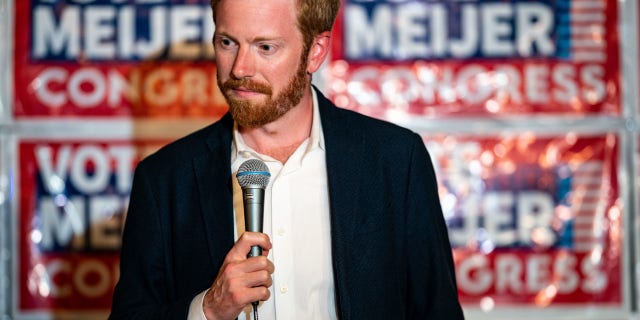 Rep. Peter Meijer, R-Michigan, makes a statement to members of the press while awaiting election results at an election night event at Social House on Tuesday, Aug. 2, 2022, in Grand Rapids, Michigan.