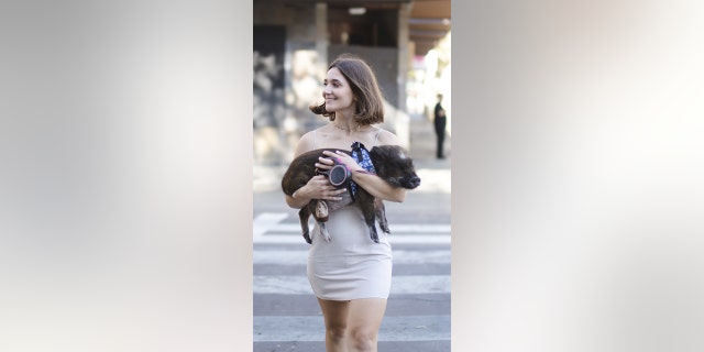 Mina Alali, 25, bought mini-pig Merlin when he was just two-and-a-half months old, according to SWNS. Alali has trained her pig to "speak" to her by pressing electronic buttons that say "outside," "eat" and "ice."