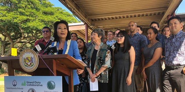 Lt. Gov. Sylvia Luke speaks at a news conference in Honolulu, Hawaii, on Jan. 17, 2023. Hawaii has unveiled a plan to make preschool available to all children ages three and four.