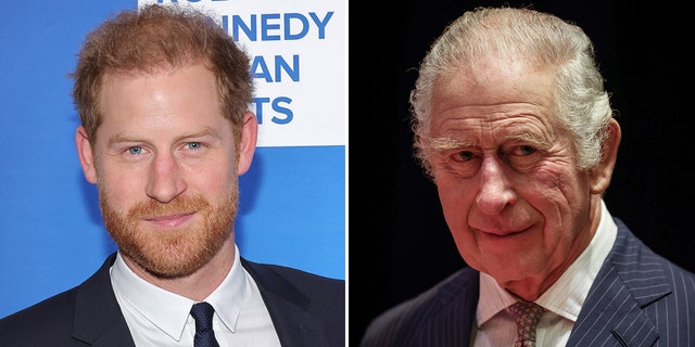 Prince Harry in a dark suit and tie on the red carpet split King Charles in a pin-striped suit and tie