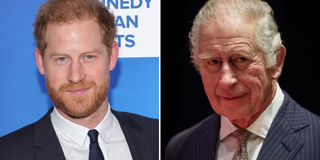 Prince Harry in a dark suit and tie on the red carpet split King Charles in a pin-striped suit and tie