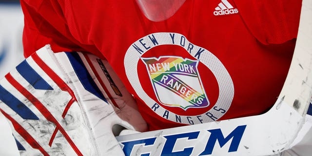 Igor Shesterkin of the New York Rangers sports a special jersey during warmups in honor of Pride Night prior to a game against the Washington Capitals at Madison Square Garden May 3, 2021, in New York City.