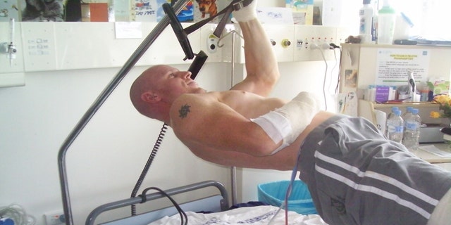 Paul de Gelder is shown during his rehab and recovery after a shark tore off two of his limbs in February 2009 during a routine military exercise. 