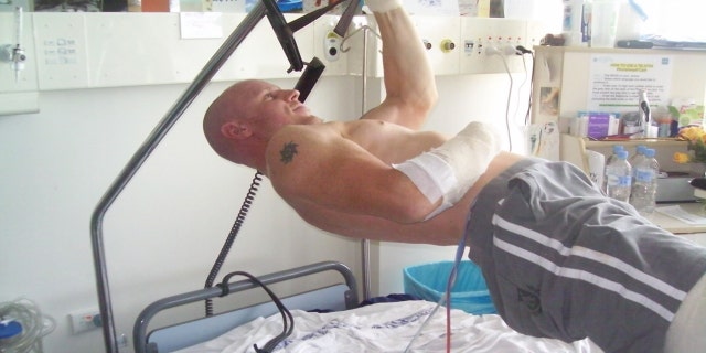 Paul de Gelder is shown during his rehab and recovery after a shark tore off two of his limbs in February 2009 during a routine military exercise.
