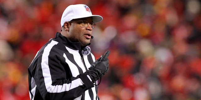 Referee Ronald Torbert, #62, reacts during the third quarter in the AFC Championship Game between the Cincinnati Bengals and Kansas City Chiefs at GEHA Field at Arrowhead Stadium on Jan. 29, 2023 in Kansas City, Missouri.