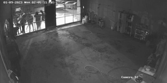 Security camera footage shows thieves peering into the garage at Exclusive Autohaus, a luxury car dealership in Cook County, Illinois. 