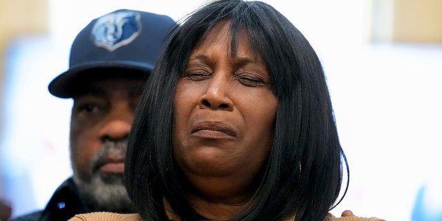 RowVaughn Wells, mother of Tyre Nichols, who died after being beaten by Memphis police officers, is comforted by Tyre's stepfather Rodney Wells, at a news conference with civil rights Attorney Ben Crump in Memphis, Tenn., Friday, Jan. 27, 2023.