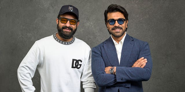 Indian actors N. T. Rama Rao Jr., left, and Ram Charan pose for a photo to promote "RRR" on Jan. 9, 2023, in Los Angeles. 